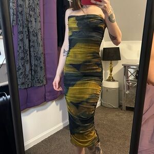 Windsor Strapless Corset Abstract Midi Bodycon Dress Rouching Boning Mesh Slit